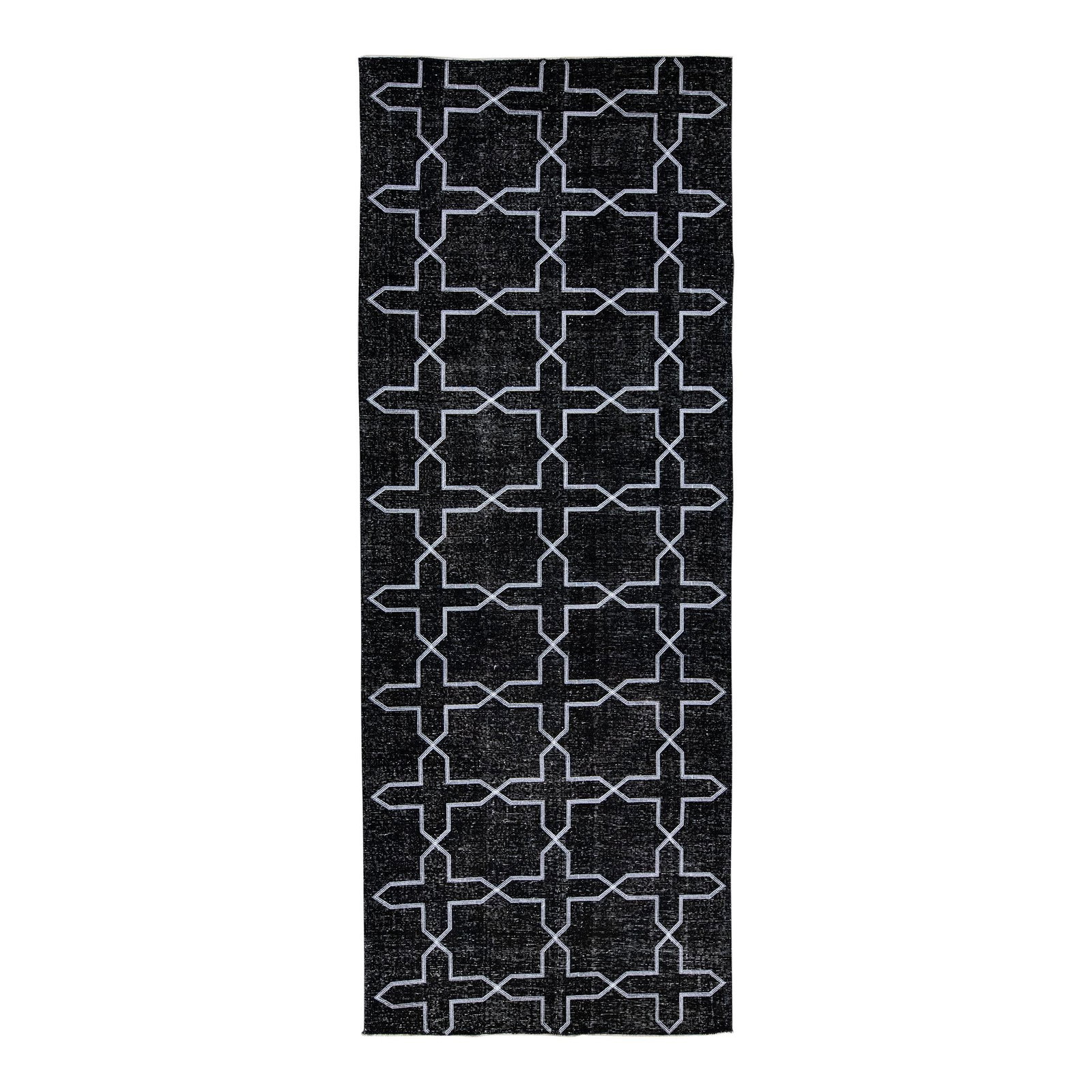 Turkish Handmade Wool Gallery Rug Black Geometric Design 4'10 x 13': Turkish Handmade Wool Gallery Rug Black Geometric Design 4'10 x 13' Enhance your space with this stunning Turkish handmade wool rug, featuring a modern black distressed look. The rug showcases a capti