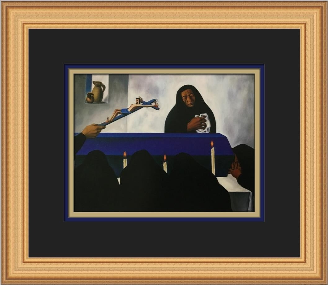 Emil J Bisttram Mexican Wake Custom Framed Print 14 x 12 Landscape Art: Emil J Bisttram Mexican Wake Custom Framed Print 14 x 12 Landscape Art This stunning custom framed print titled "Mexican Wake" by Emil J Bisttram captures the essence of Mexican Modernism Realism. Mea