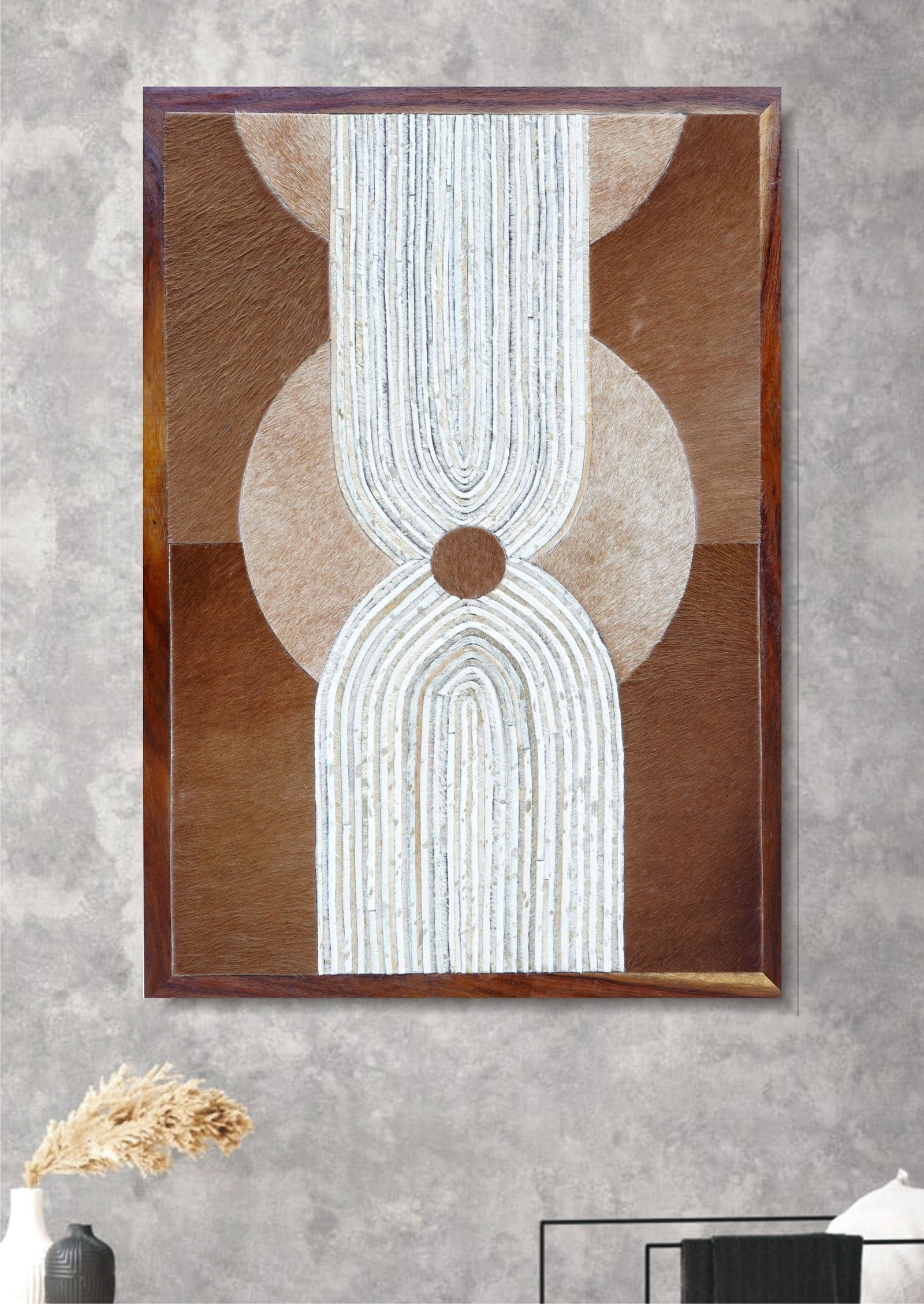 Handcrafted Cowhide Mosaic Wall Art Abstract Earth Tone Celestial Arches: Handcrafted Cowhide Mosaic Wall Art Abstract Earth Tone Celestial Arches Free continental US Shipping This wall art piece is meticulously handcrafted from precision-cut genuine cowhide, forming a stri