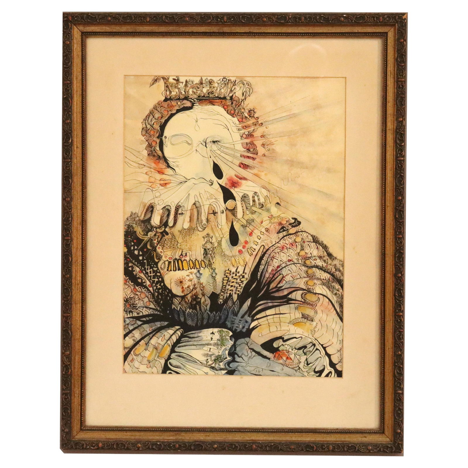 Vintage Surrealist Ink Watercolor Art 'A Royal' by A W Guenther 1968: Vintage Surrealist Ink Watercolor Art 'A Royal' by A W Guenther 1968 This vintage surrealist drawing titled 'A Royal' by A. W. Guenther was created circa 1968. It features a captivating blend of ink a