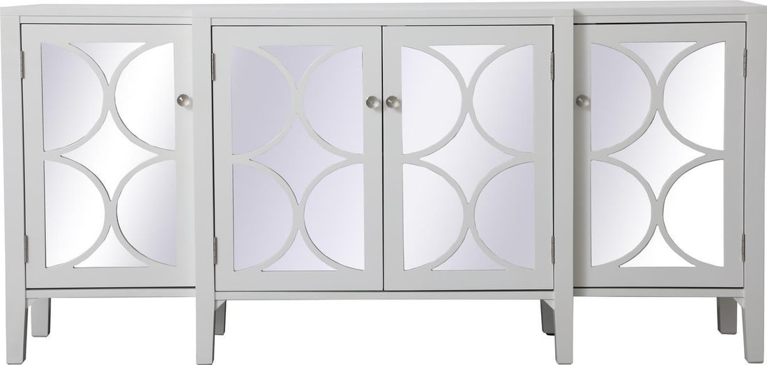 Elegant Lighting White Mirrored Credenza Transitional Style 34H 72W 16D: Elegant Lighting White Mirrored Credenza Transitional Style 34H 72W 16D Elevate your living space with this Sophisticated White Mirrored Credenza, designed to blend seamlessly into a variety of decors