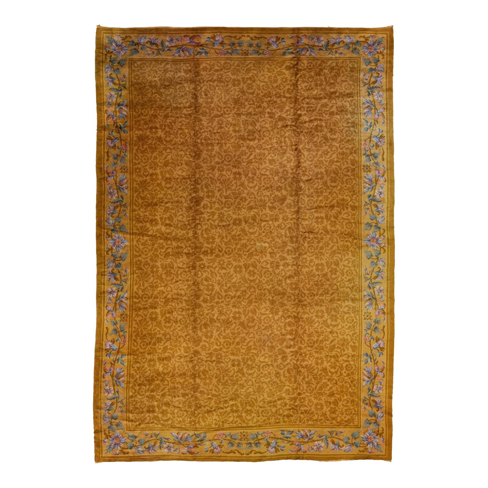 Antique Savonnerie Hand-Knotted Wool Rug 12' x 17'6'' Goldenrod Floral: Antique Savonnerie Hand-Knotted Wool Rug 12' x 17'6'' Goldenrod Floral Discover the elegance of this antique Savonnerie hand-knotted wool rug, featuring a stunning goldenrod field. The rug showcases a