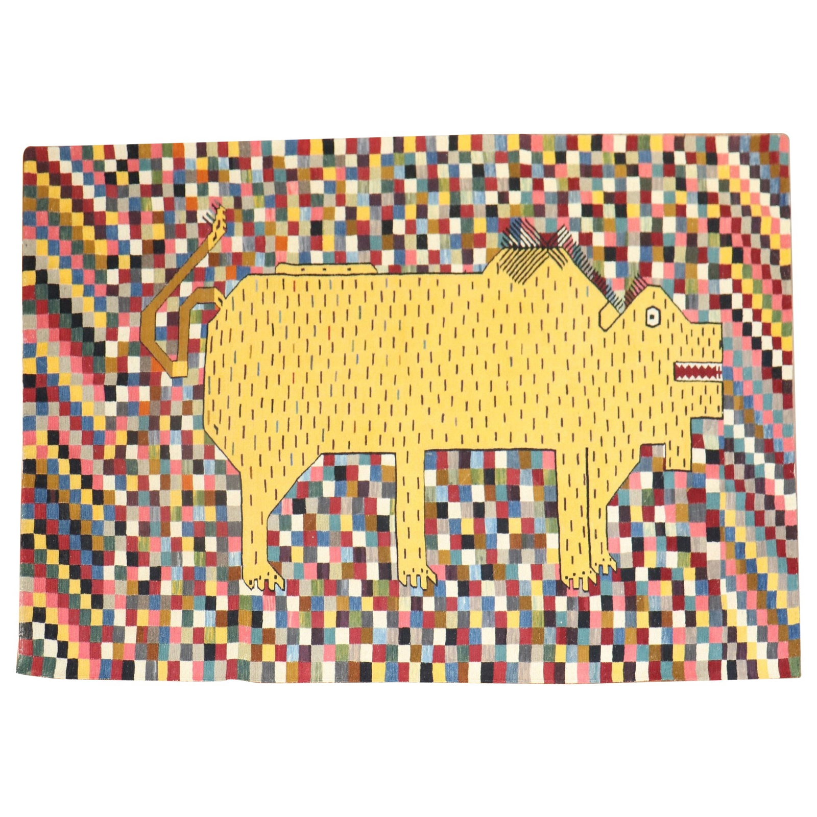 Vibrant Persian Checkerboard Kilim with Yellow Rhinoceros: Vibrant Persian Checkerboard Kilim with Yellow Rhinoceros This exquisite Persian Kilim features a vibrant yellow rhinoceros set against a colorful checkered background, embodying the unique style of F