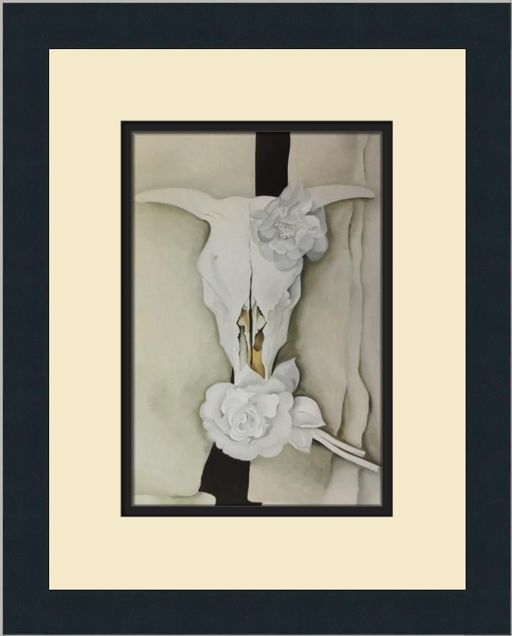 Georgia O'Keeffe Cow's Skull with Calico Roses Framed Art Print: Georgia O'Keeffe Cow's Skull with Calico Roses Framed Art Print This stunning custom framed print features Georgia O'Keeffe's iconic "Cow's Skull with Calico Roses," showcasing a blend of abstract mod
