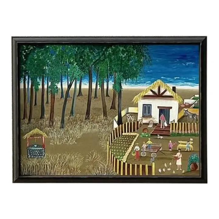 Vintage Boho Primitive Landscape Painting 29x21.75 Green Canvas: Vintage Boho Primitive Landscape Painting 29x21.75 Green Canvas Enhance your decor with this Vintage Boho Primitive Landscape Painting, a hand-painted artwork that embodies organic charm and rustic be