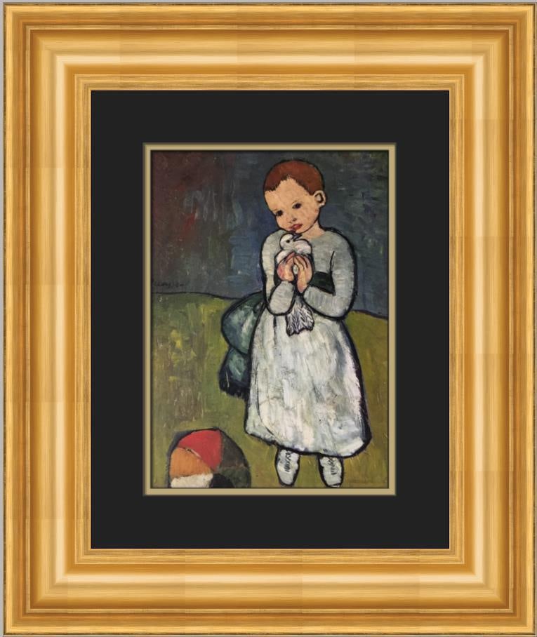 Pablo Picasso Child with Dove Custom Framed Offset Lithograph Print: Pablo Picasso Child with Dove Custom Framed Offset Lithograph Print This beautiful custom-framed print titled 'Child with Dove' by Pablo Picasso showcases the artist's unique style, blending Abstract