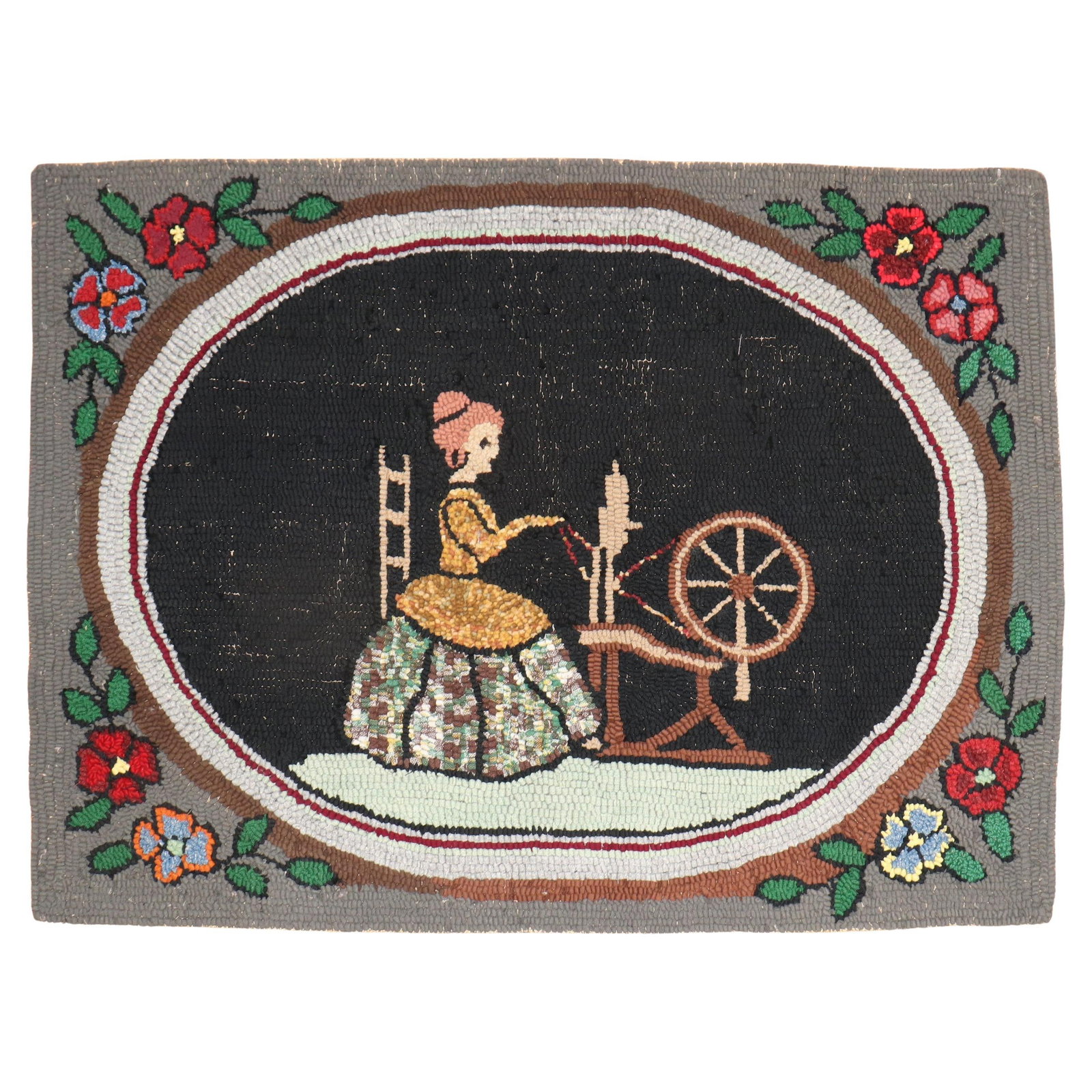 Early 20th Century American Pictorial Wool Hooked Rug Depicting Spinning Lady: Early 20th Century American Pictorial Wool Hooked Rug Depicting Spinning Lady Early 20th-century American hooked rug crafted from wool, featuring a pictorial scene of a lady spinning and weaving. Made