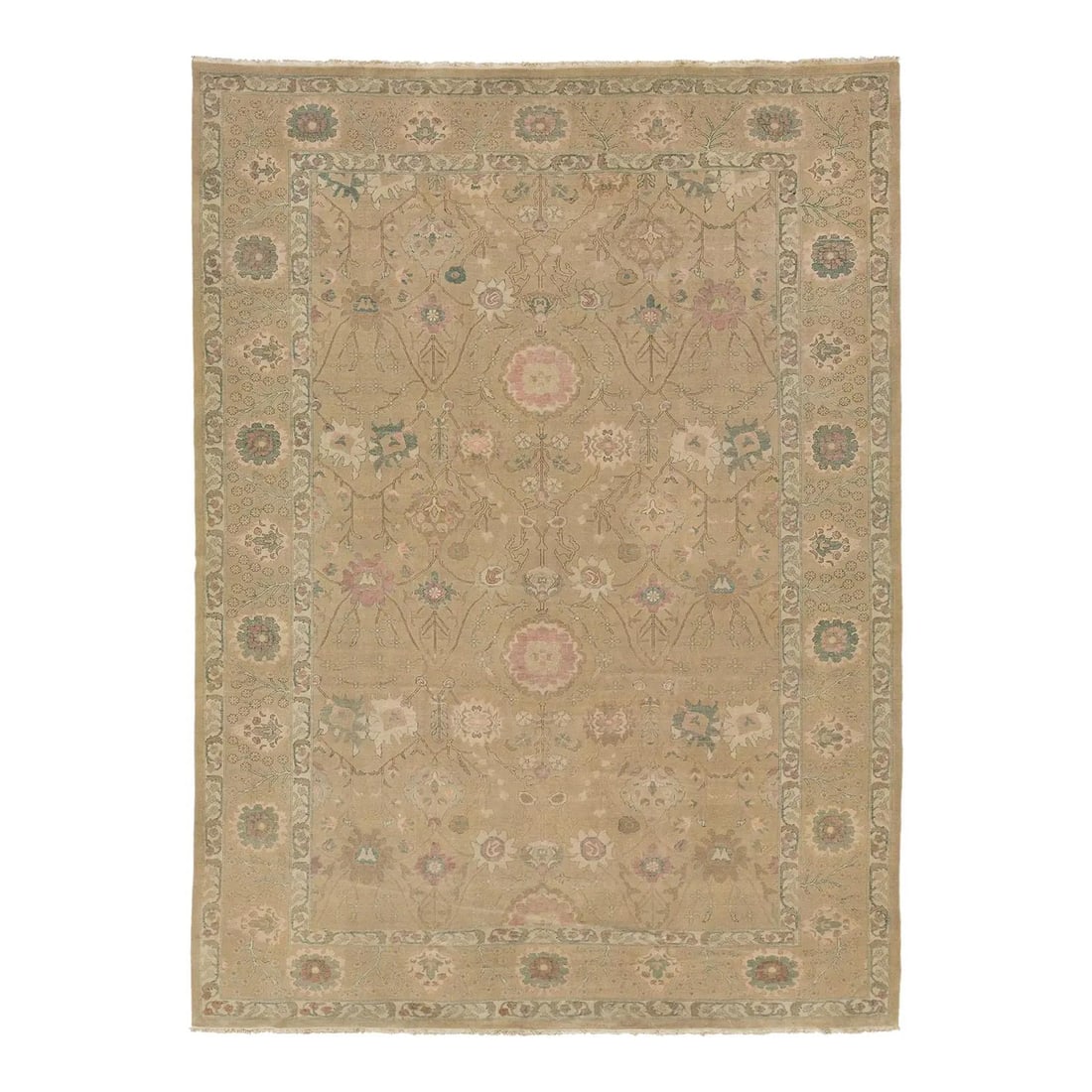 Handmade Egyptian Oushak Wool Rug 10'1 x 13'9 Floral Tan Design: Handmade Egyptian Oushak Wool Rug 10'1 x 13'9 Floral Tan Design Experience the charm of a contemporary take on classic Anatolian design with this exquisite handknotted Egyptian Oushak rug. Featuring a