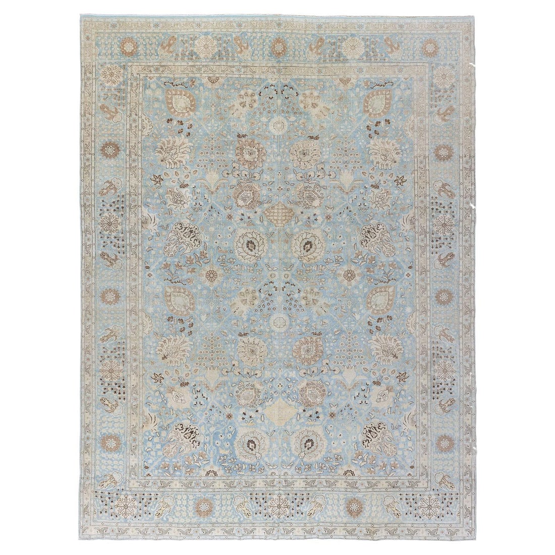 Early 20th Century Persian Tabriz Rug Light Blue Wool 10'10 x 14'6: Early 20th Century Persian Tabriz Rug Light Blue Wool 10'10 x 14'6 This exquisite early 20th Century Persian Tabriz rug showcases an elegant all-over design set against a serene light blue background.