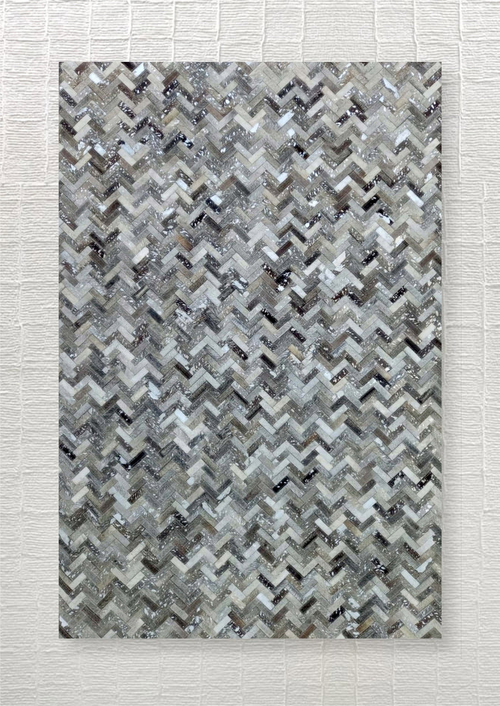 Handcrafted Herringbone Patchwork Cowhide Leather Area Rug Grey Silver (1 of 1)