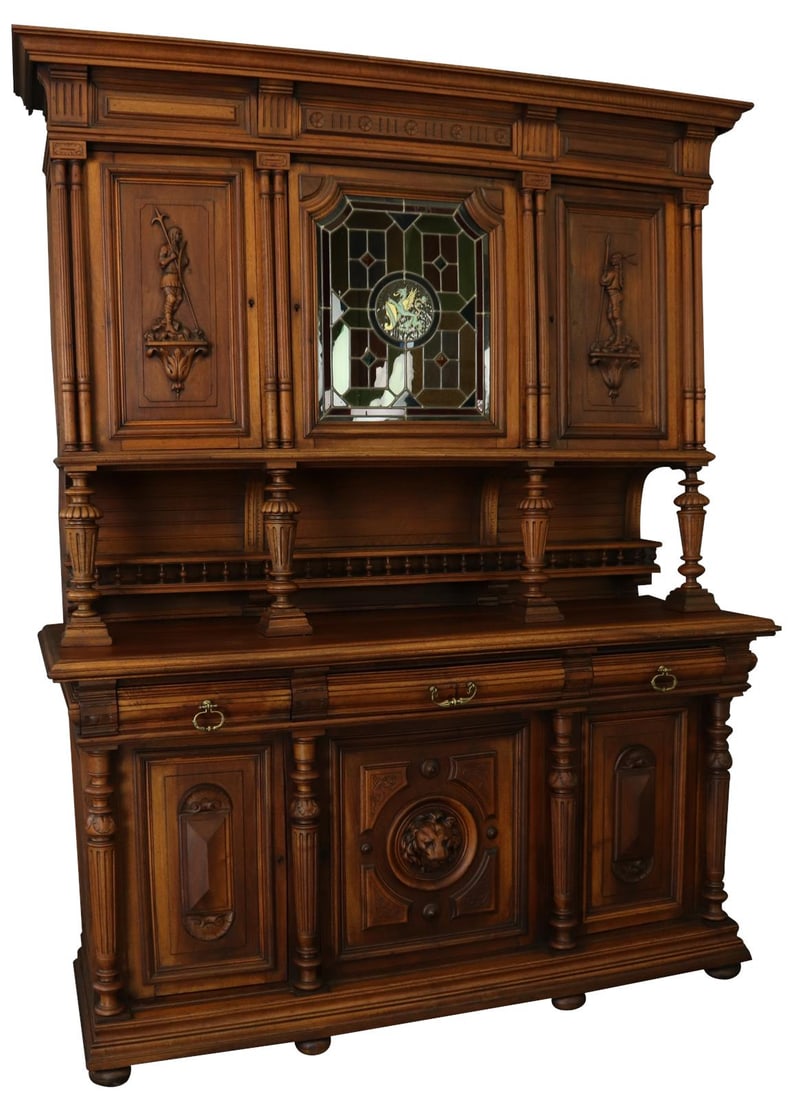 Vintage Henry II Style Walnut Buffet with Dragon Glass: Vintage Henry II Style Walnut Buffet with Dragon Glass This exquisite Henry II style buffet is crafted from rich walnut and features stunning dragon glass accents. It showcases a classic design, perfe