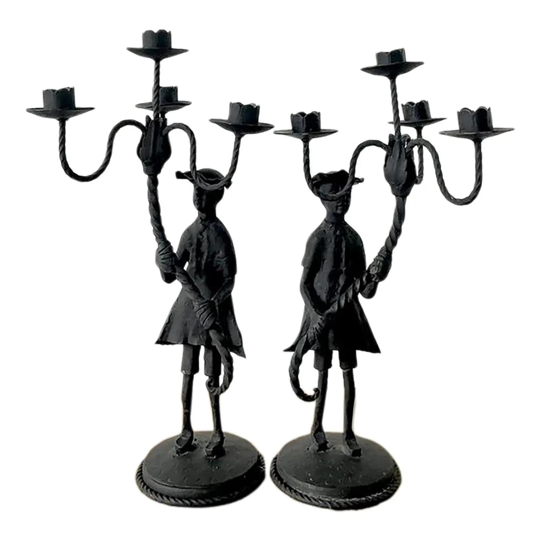 Pair of Hand-Forged Iron Boy Figure Five-Light Candelabras Set of 2: Pair of Hand-Forged Iron Boy Figure Five-Light Candelabras Set of 2 This pair of vintage forged iron candelabras showcases mid-century artisanal metalwork with hand-sculpted figures of a boy holding a