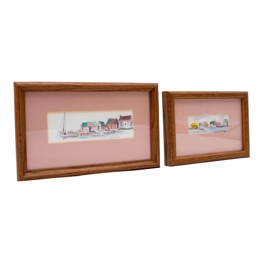 Pair of Nautical Watercolor Paintings by George D Post: Pair of Nautical Watercolor Paintings by George D Post This exquisite pair of signed watercolor paintings by George D. Post features a charming depiction of a sailboat at the boatyard and a fishing bo