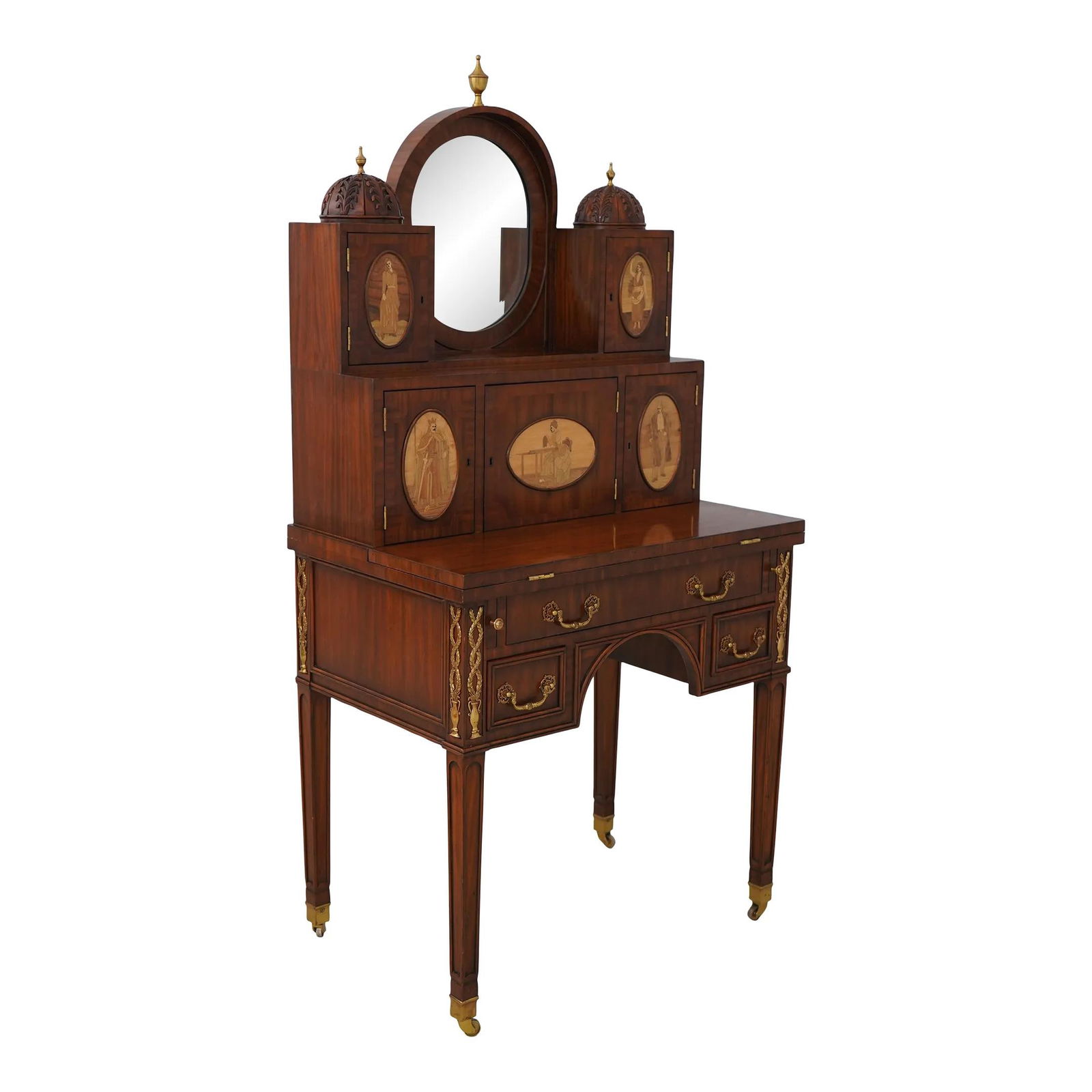 Maitland Smith Neoclassical Mahogany Writing Desk with Leather Surface: Maitland Smith Neoclassical Mahogany Writing Desk with Leather Surface This stunning Neoclassical writing desk features exquisite inlaid mahogany construction and a beautifully beveled glass mirror. T