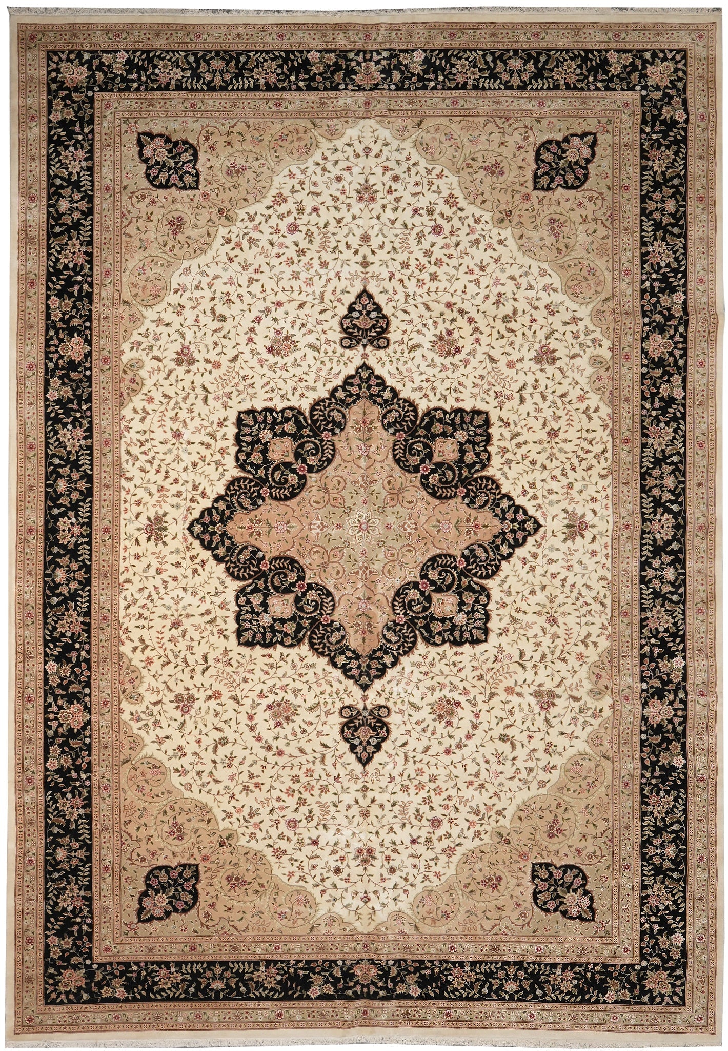 12.2 x 18 Handmade Kerman Wool and Silk Rug Ivory Black Persian: 12.2 x 18 Handmade Kerman Wool and Silk Rug Ivory Black Persian Free continental US Shipping This handmade rug is crafted from high-quality wool and silk, featuring an ivory and black color palette wi