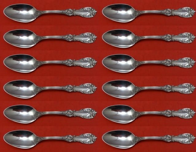 Reed and Barton Burgundy Sterling Silver Soup Spoon Set 12 pcs: Reed and Barton Burgundy Sterling Silver Soup Spoon Set 12 pcs This exquisite 12-piece set of place soup spoons by Reed & Barton features the elegant Burgundy pattern. Each spoon measures 7 3/8" and i