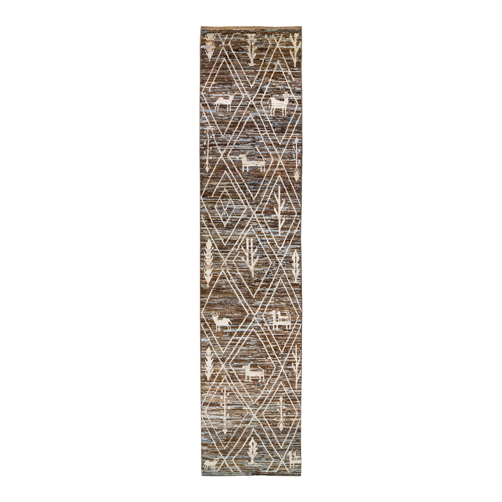 Handmade Moroccan Wool Runner 4'3" x 18'10" Tribal Design: Handmade Moroccan Wool Runner 4'3" x 18'10" Tribal Design Enhance your living space with this stunning Modern Moroccan-style handmade wool runner. Featuring a captivating brown and blue field, this ru