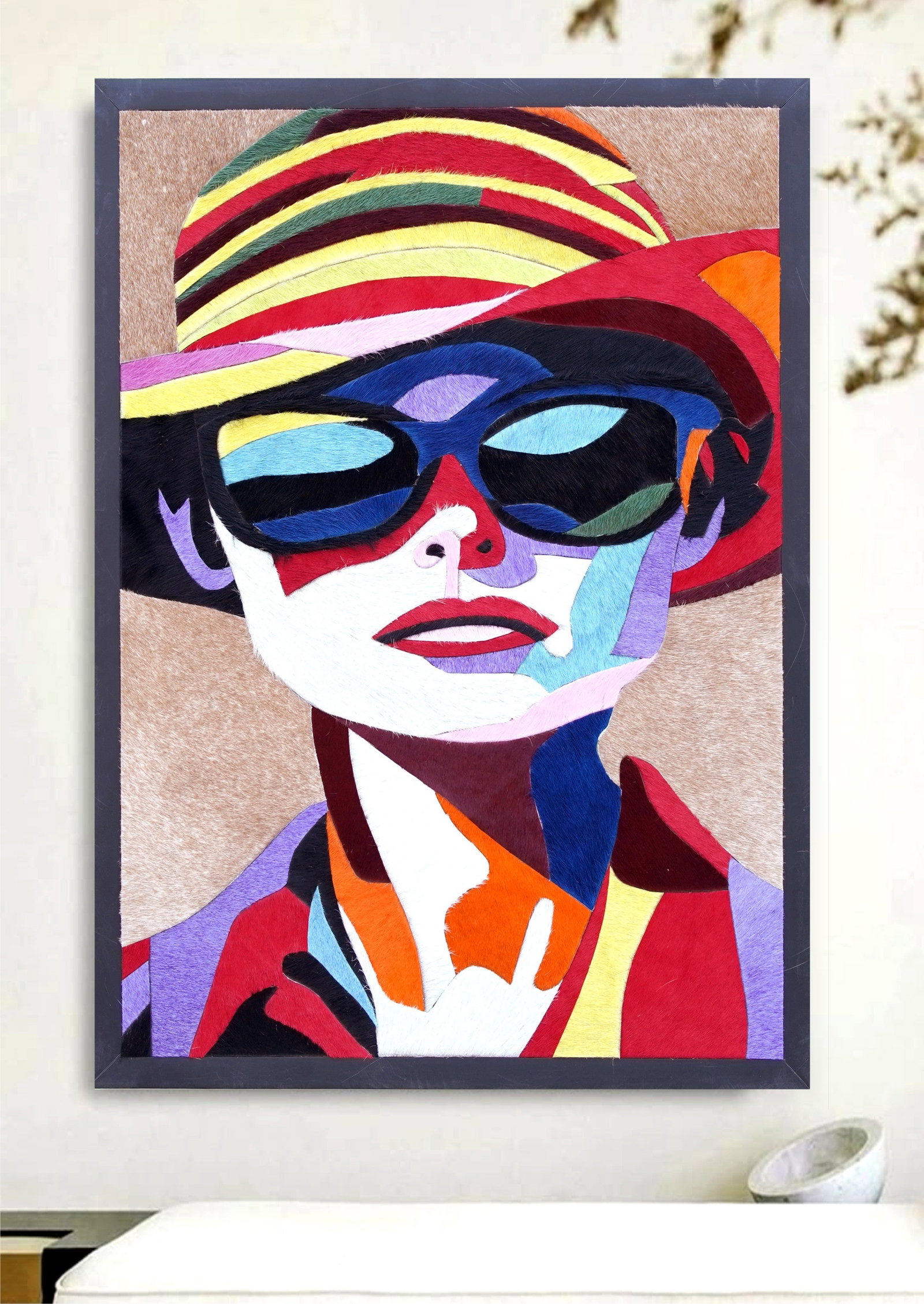 Handcrafted Pop Art Mosaic Wall Art Genuine Cowhide Leather 12x12 Modern Portrait: Handcrafted Pop Art Mosaic Wall Art Genuine Cowhide Leather 12x12 Modern Portrait Free continental US Shipping This handcrafted wall art features a vibrant pop art portrait composed of precision-cut 1