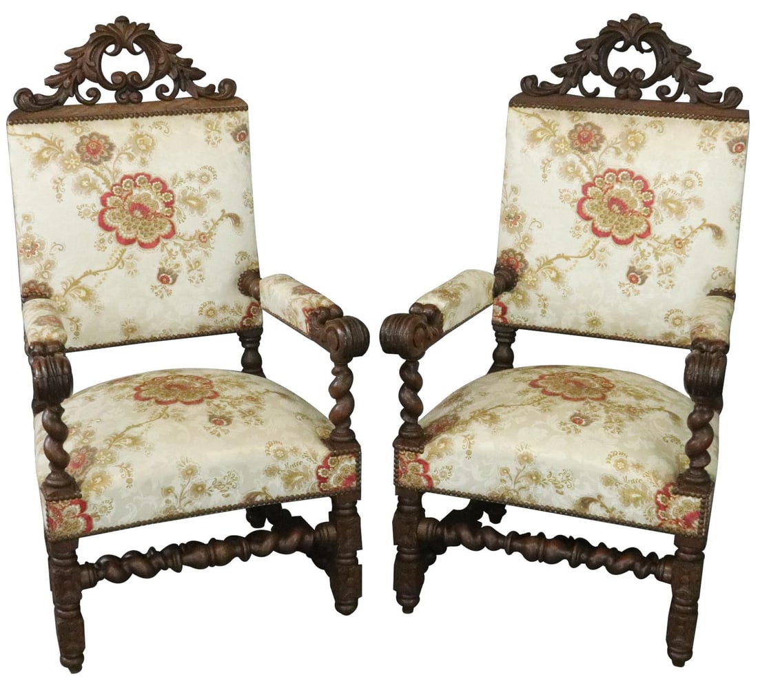 Elegant 1880 Carved Oak French Renaissance Thrones: Elegant 1880 Carved Oak French Renaissance Thrones Discover these exquisite carved oak French thrones from 1880, showcasing a Renaissance style that adds a touch of history to any decor. The chairs fe