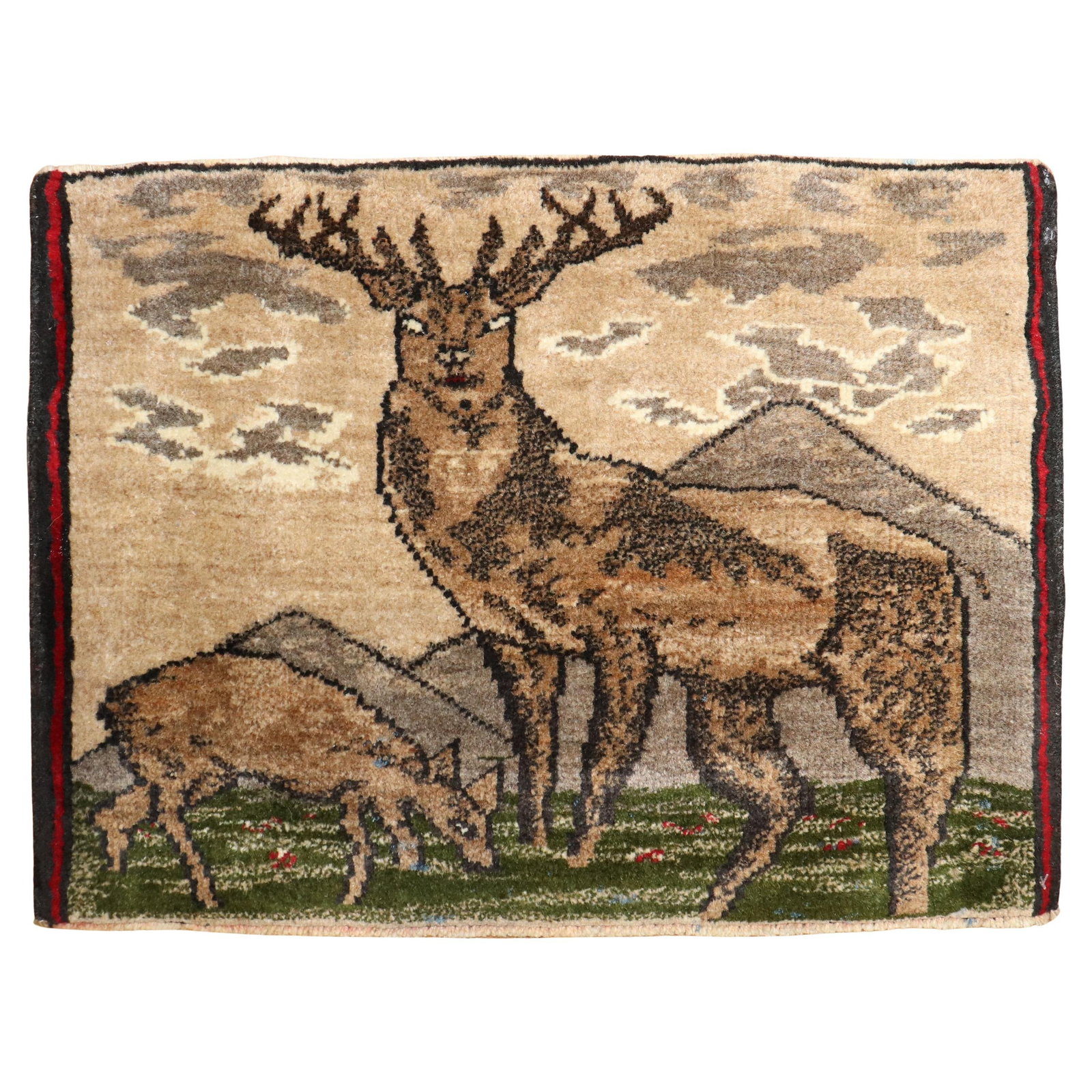 Vintage Turkish Hand-Knotted Mini Rug Reindeer Design 1'5 x 1'11: Vintage Turkish Hand-Knotted Mini Rug Reindeer Design 1'5 x 1'11 Enhance your space with this exquisite Vintage Reindeer Turkish Mini Rug from the Zabihi Collection. This hand-knotted piece features a