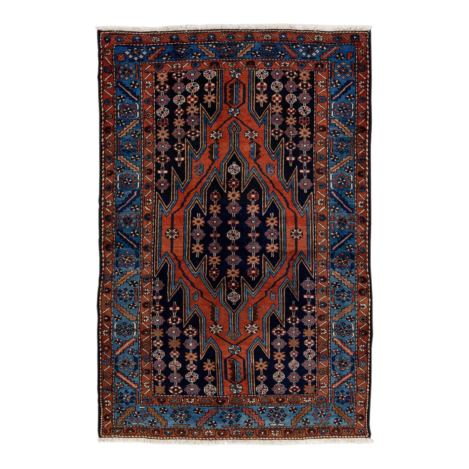 Vintage Handmade Persian Wool Rug Navy Blue Geometric 4'1" X 6'3": Vintage Handmade Persian Wool Rug Navy Blue Geometric 4'1" X 6'3" Discover the charm of this beautiful vintage Persian hand-knotted wool rug. Featuring a rich navy blue field adorned with multicolored