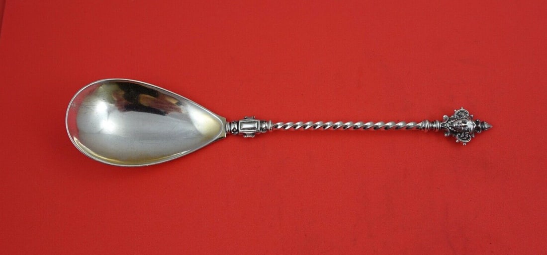 German Sterling Preserve Spoon .800 Silver Twisted Handle 8 1/8 inches: German Sterling Preserve Spoon .800 Silver Twisted Handle 8 1/8 inches This exquisite German sterling preserve spoon showcases a twisted handle and a figural mask design, crafted from .800 silver. Mea