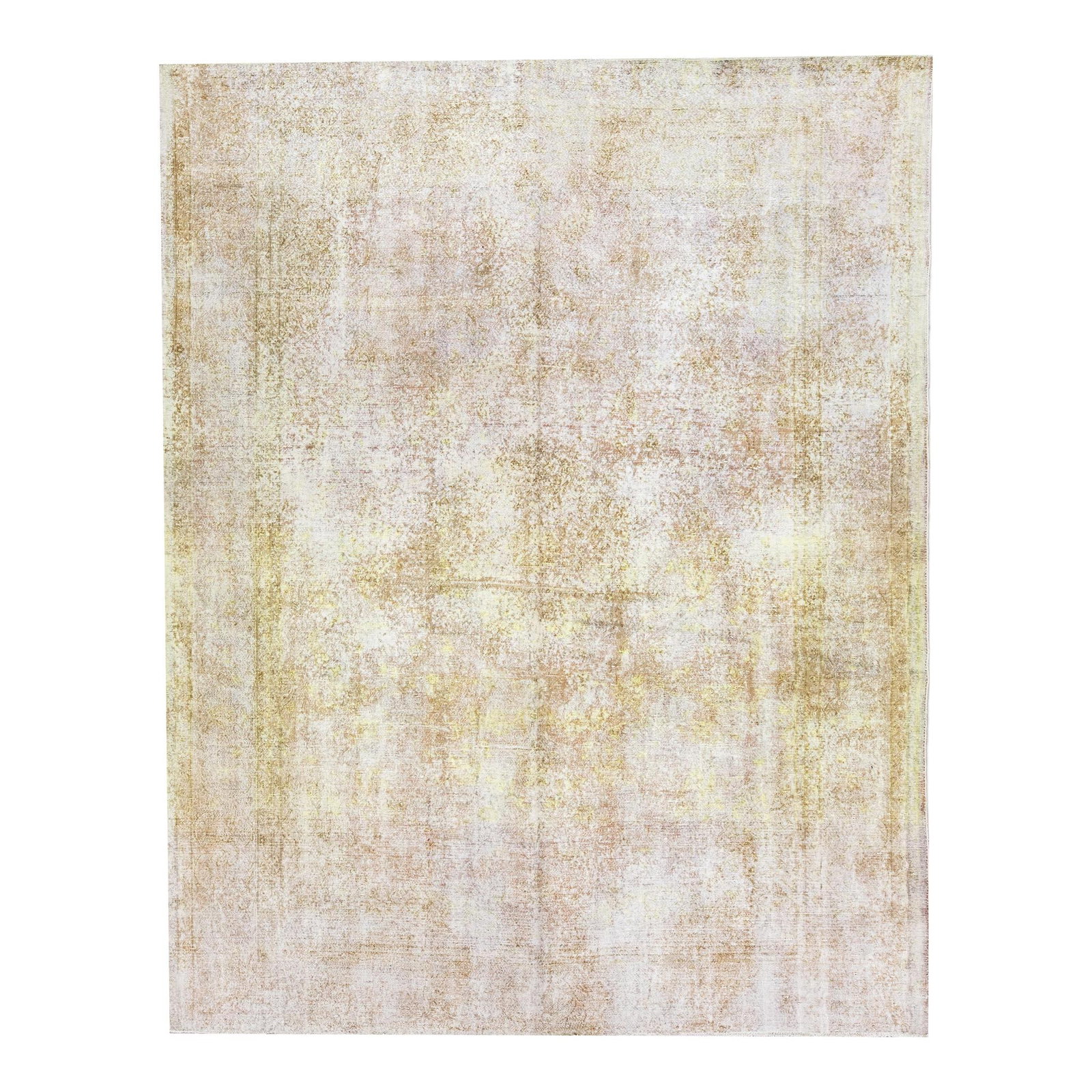 Yellow Vintage Overdyed Handmade Wool Rug 9'3" x 11'9": Yellow Vintage Overdyed Handmade Wool Rug 9'3" x 11'9" This stunning vintage overdyed handmade wool rug features a beautiful tan field adorned with vibrant yellow and white accents in an all-over desi