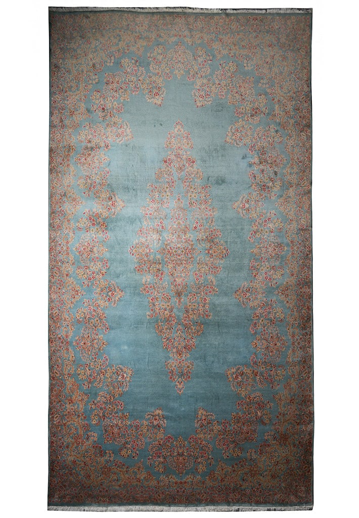 11'4" x 19'4" Authentic Antique Persian Kerman Rug Blue Grey: 11'4" x 19'4" Authentic Antique Persian Kerman Rug Blue Grey Free continental US Shipping Discover the exquisite craftsmanship of this authentic antique Persian Kerman rug, measuring 11' 4" x 19' 4".
