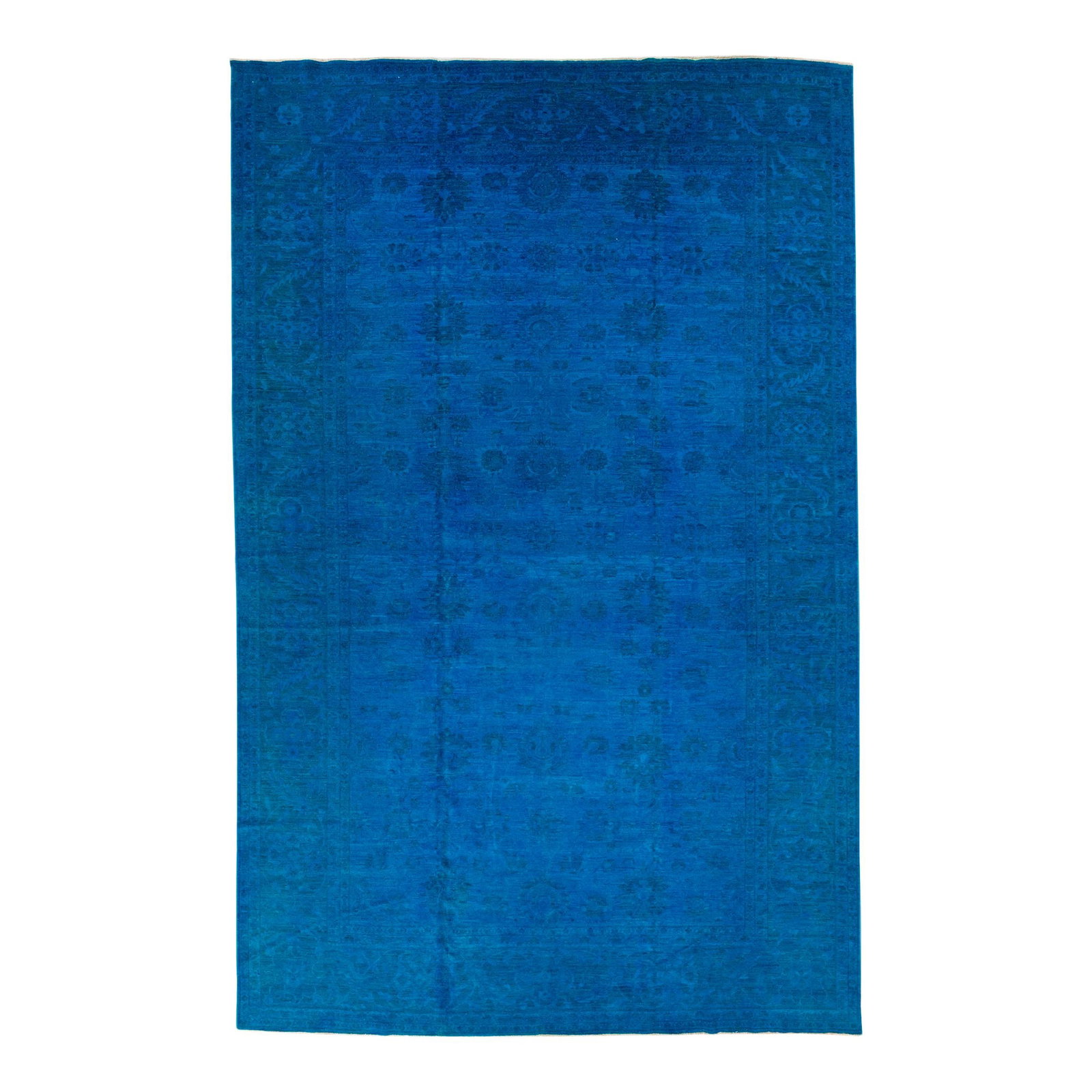 Vintage Oversized Blue Floral Hand-Knotted Wool Rug 11'11 x 18'8: Vintage Oversized Blue Floral Hand-Knotted Wool Rug 11'11 x 18'8 This stunning vintage overdyed wool rug features a rich blue field adorned with an all-over floral design, showcasing exquisite craftsm