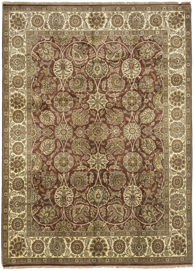 9'0 x 12'4 Handmade Wool Floral Area Rug Modern Indian Oriental Carpet: 9'0 x 12'4 Handmade Wool Floral Area Rug Modern Indian Oriental Carpet This handmade Oriental rug features a thick pile and a floral pattern, crafted using hand-knotted wool. The rug measures 9'0" x 1