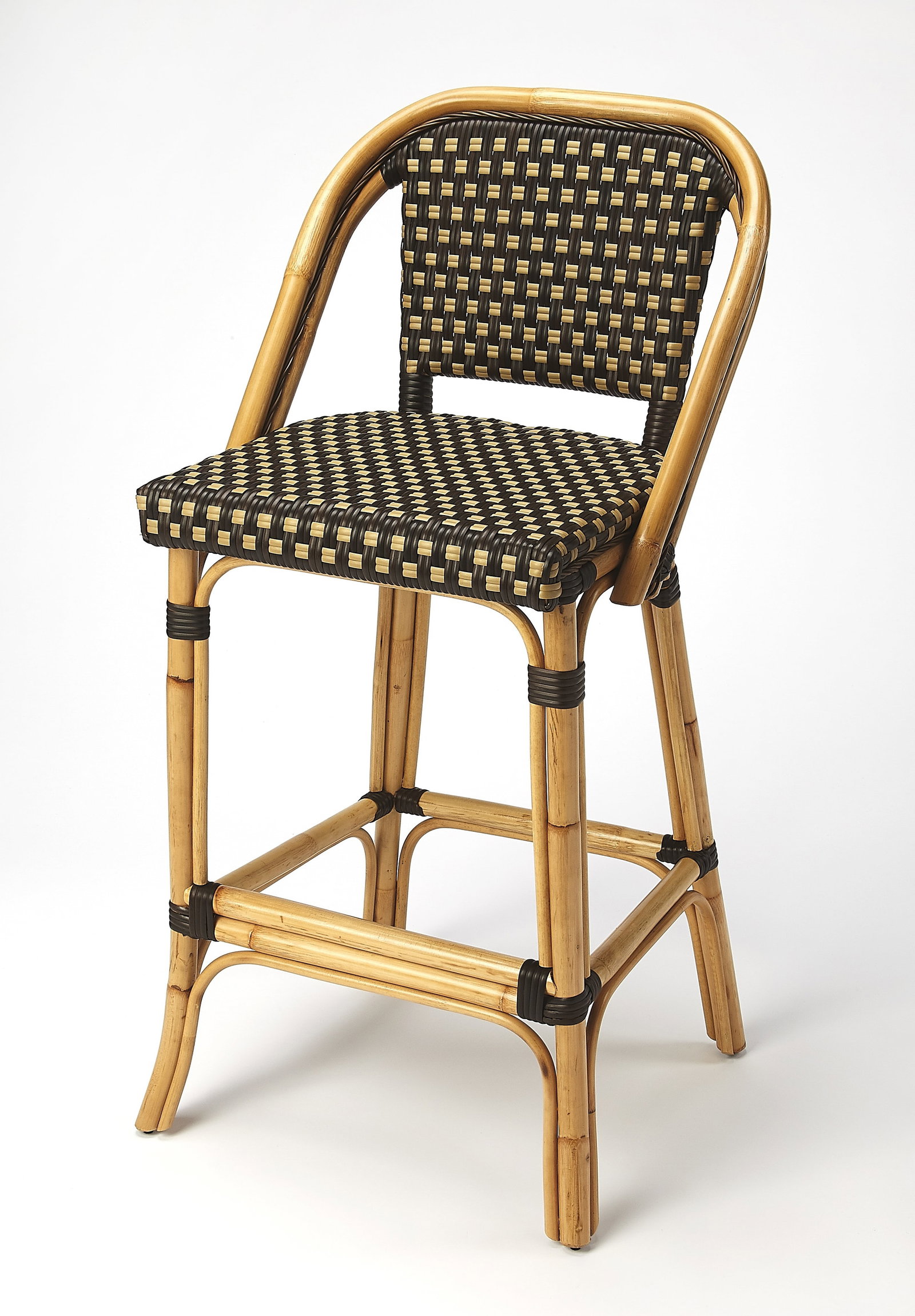 Mediterranean Style Chocolate Rattan Barstool by Butler: Mediterranean Style Chocolate Rattan Barstool by Butler Enhance your outdoor spaces with this chic woven rattan barstool. Designed in a Mediterranean coastal style, it features a durable and weather-r