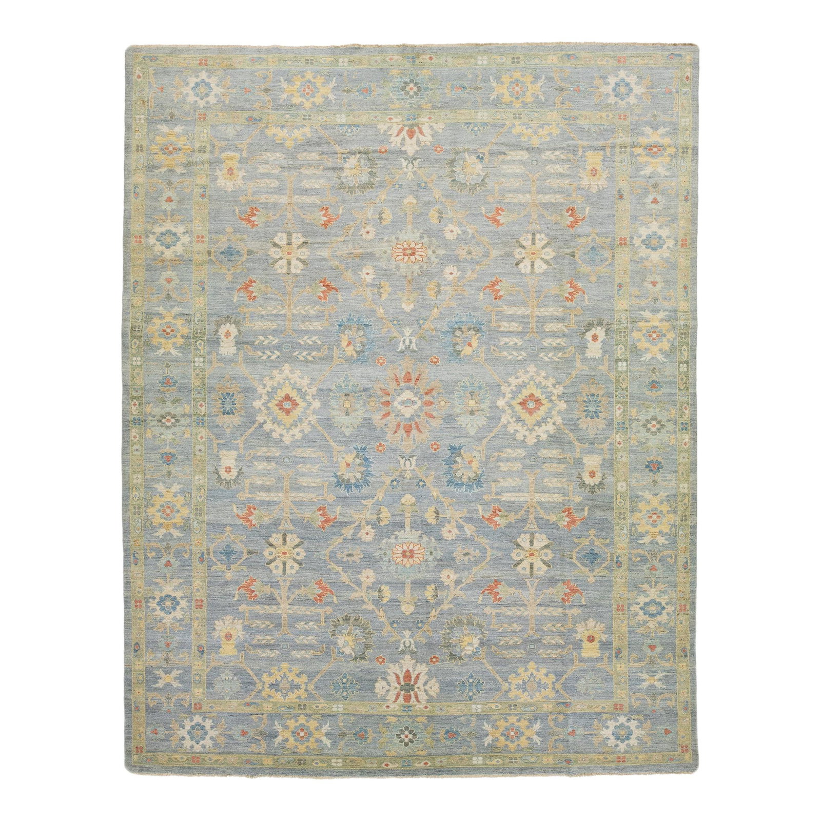 Handmade Floral Wool Rug 13'3 x 16'10 Gray Blue: Handmade Floral Wool Rug 13'3 x 16'10 Gray Blue Elevate your living space with this stunning oversized hand-knotted wool rug. Featuring a captivating blue and gray background complemented by a vibrant