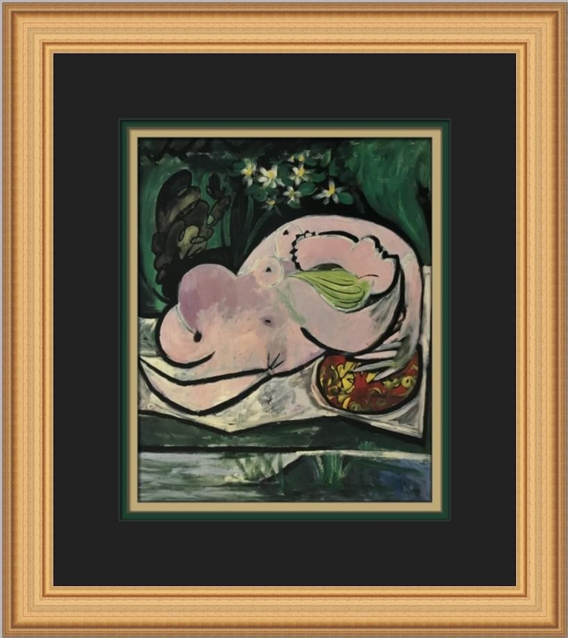 Pablo Picasso Nude Asleep in Landscape Custom Framed Art Print: Pablo Picasso Nude Asleep in Landscape Custom Framed Art Print This custom framed print features Pablo Picasso's striking artwork titled "Nude asleep in a Landscape". Created in 1987, this piece embod