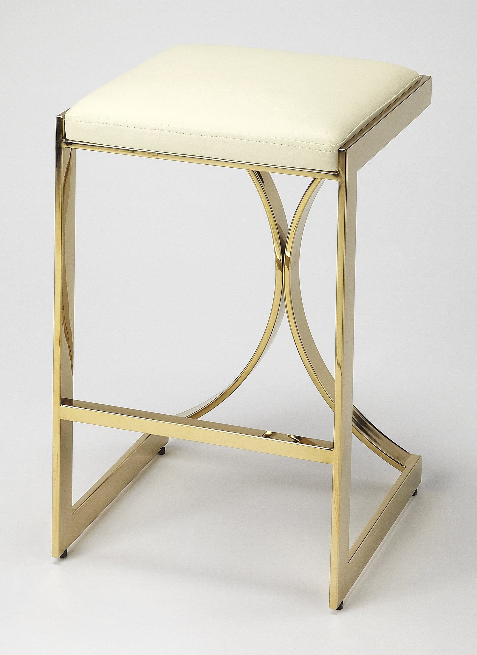 Butler Modern Gold Natalya Counter Stool Faux Leather 24H: Butler Modern Gold Natalya Counter Stool Faux Leather 24H Elevate your dining or bar area with the Modern Gold Natalya Counter Stool. This stylish stool features a sleek faux leather seat that combine