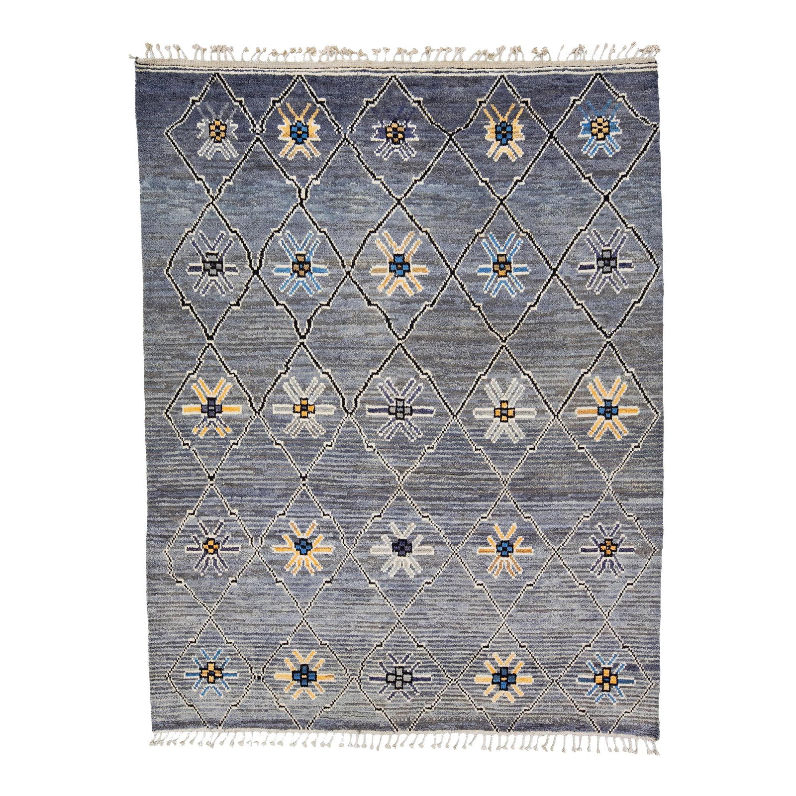Handmade Gray Wool Rug 8'3 x 10'8 Moroccan Tribal Design: Handmade Gray Wool Rug 8'3 x 10'8 Moroccan Tribal Design Enhance your space with this stunning modern Moroccan style hand-knotted wool rug, featuring a gray field adorned with vibrant tribal designs i