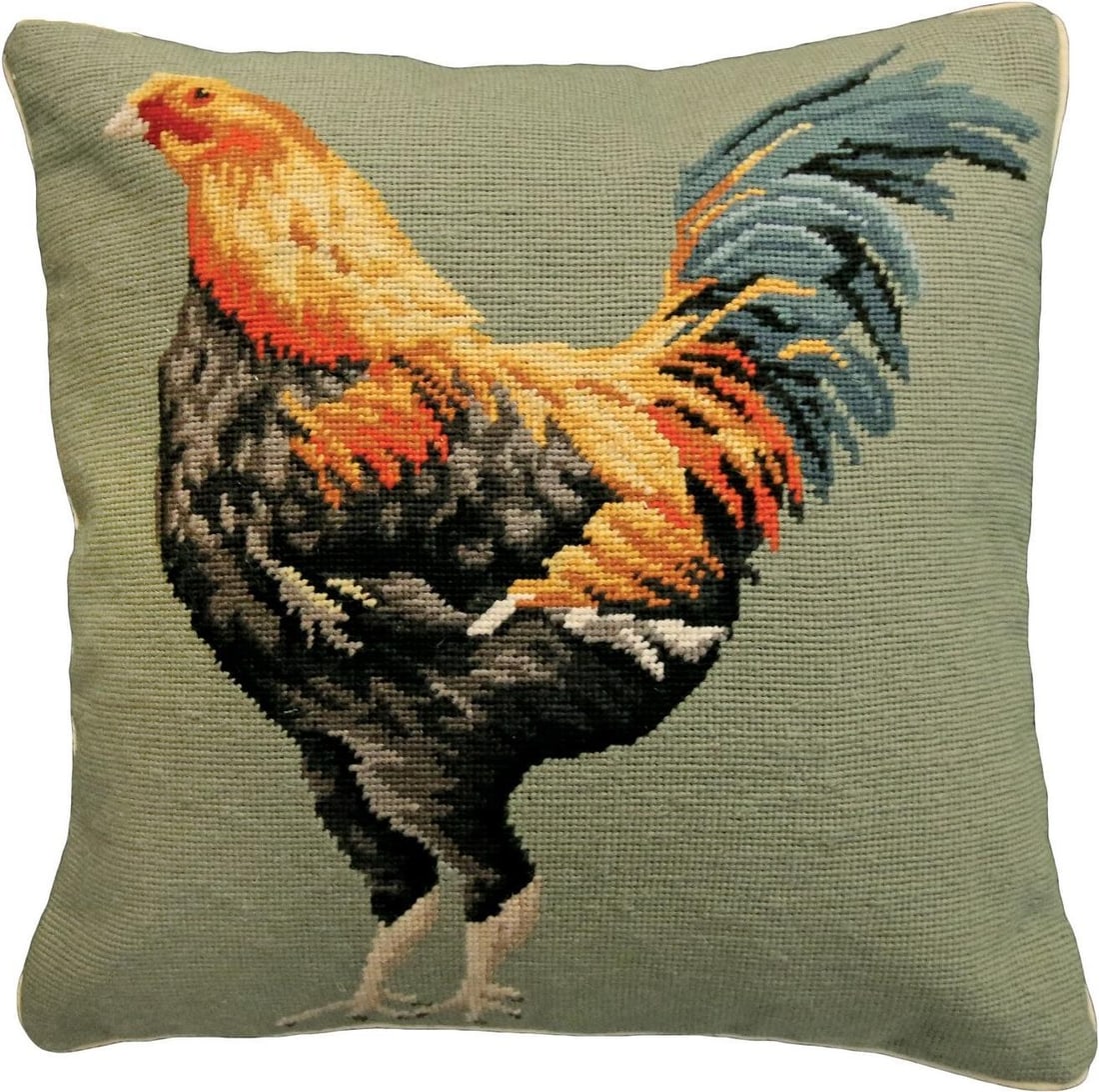 Handmade Old English Chicken Pouf Pillow Country Farmhouse Decor: Handmade Old English Chicken Pouf Pillow Country Farmhouse Decor Add a touch of rustic charm to your home decor with this vibrant Old English Chicken Pillow. This hand-made needlepoint pillow features