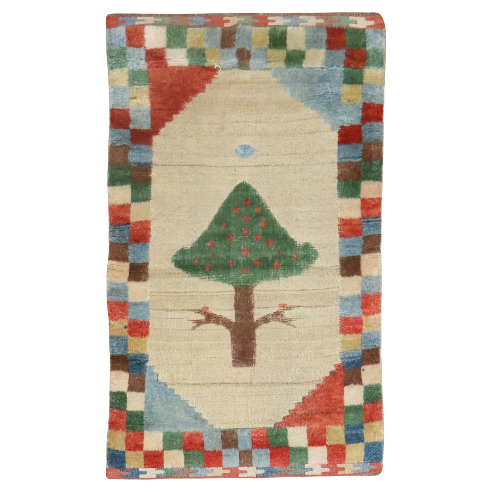 Persian Gabbeh Souf Rug Hand-Woven Wool 30 x 47 Iran Folk Art: Persian Gabbeh Souf Rug Hand-Woven Wool 30 x 47 Iran Folk Art This exquisite late-20th century Persian Gabbeh Souf rug showcases a striking checkered colorful border and a stand-alone tree motif set a