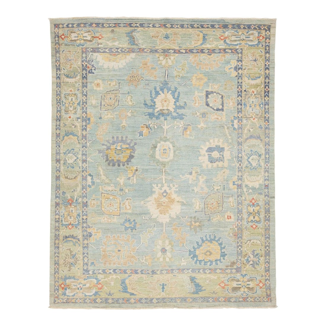 8'3 x 10'6 Wool Rug in Sultanabad Style with Muted Blue and Sage Palette: 8'3 x 10'6 Wool Rug in Sultanabad Style with Muted Blue and Sage Palette This Modern Sultanabad hand-knotted area rug is crafted from premium wool and showcases a sophisticated reinterpretation of cla