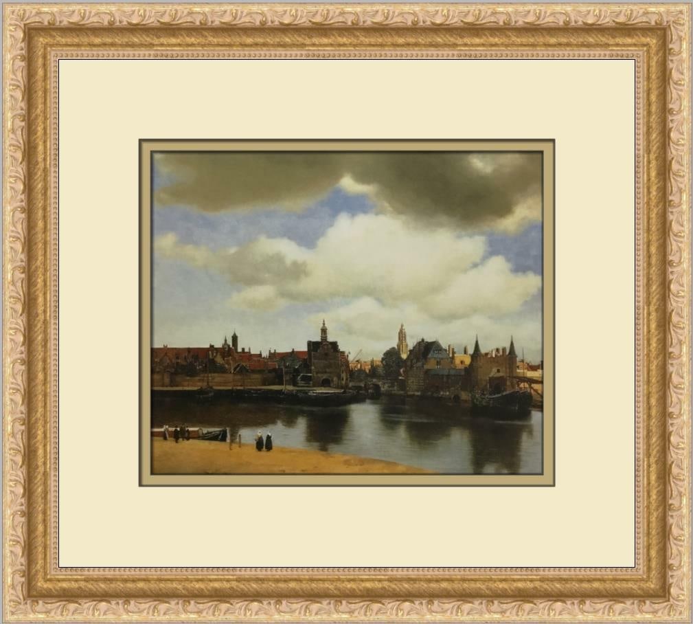Vermeer View of Delft Custom Framed Offset Lithograph Print: Vermeer View of Delft Custom Framed Offset Lithograph Print This exquisite custom framed print showcases Vermeer's iconic "View of Delft," a stunning representation of figures set against a picturesqu