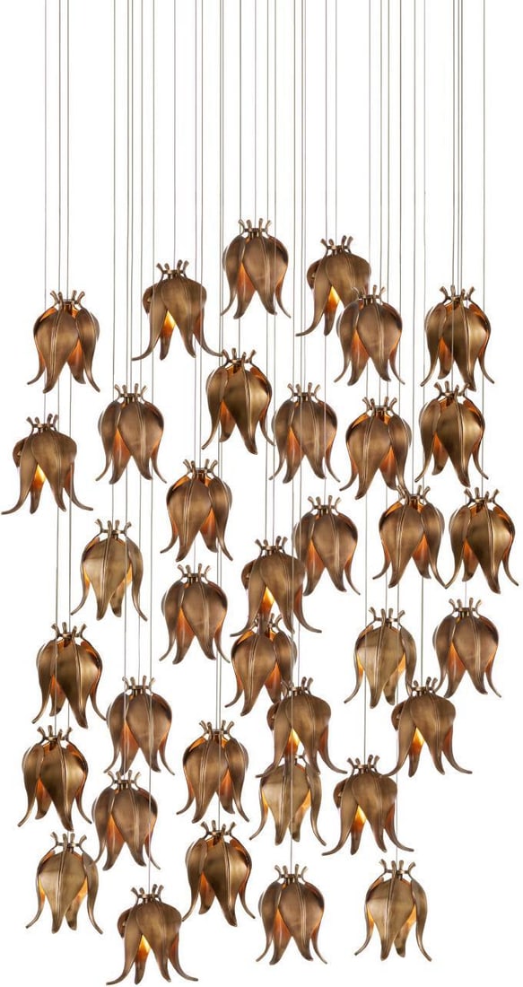 Currey Iota Multi-Drop Pendant Brass Art Nouveau 36-Light: Currey Iota Multi-Drop Pendant Brass Art Nouveau 36-Light Enhance your elegant interiors with the Iota Multi-Drop Pendant, designed in a stunning Art Nouveau style. This exquisite lighting fixture fea