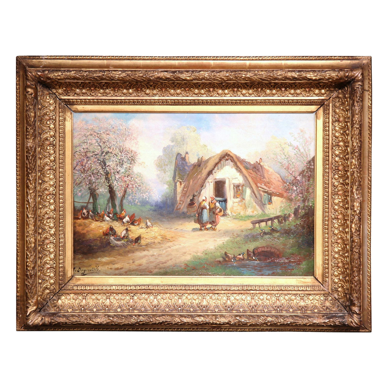 19th Century French Oil Painting by A. Degerville in Gilt Frame: 19th Century French Oil Painting by A. Degerville in Gilt Frame This exquisite 19th-century French oil painting captures a serene rural scene, showcasing two peasant women engaging in conversation nea