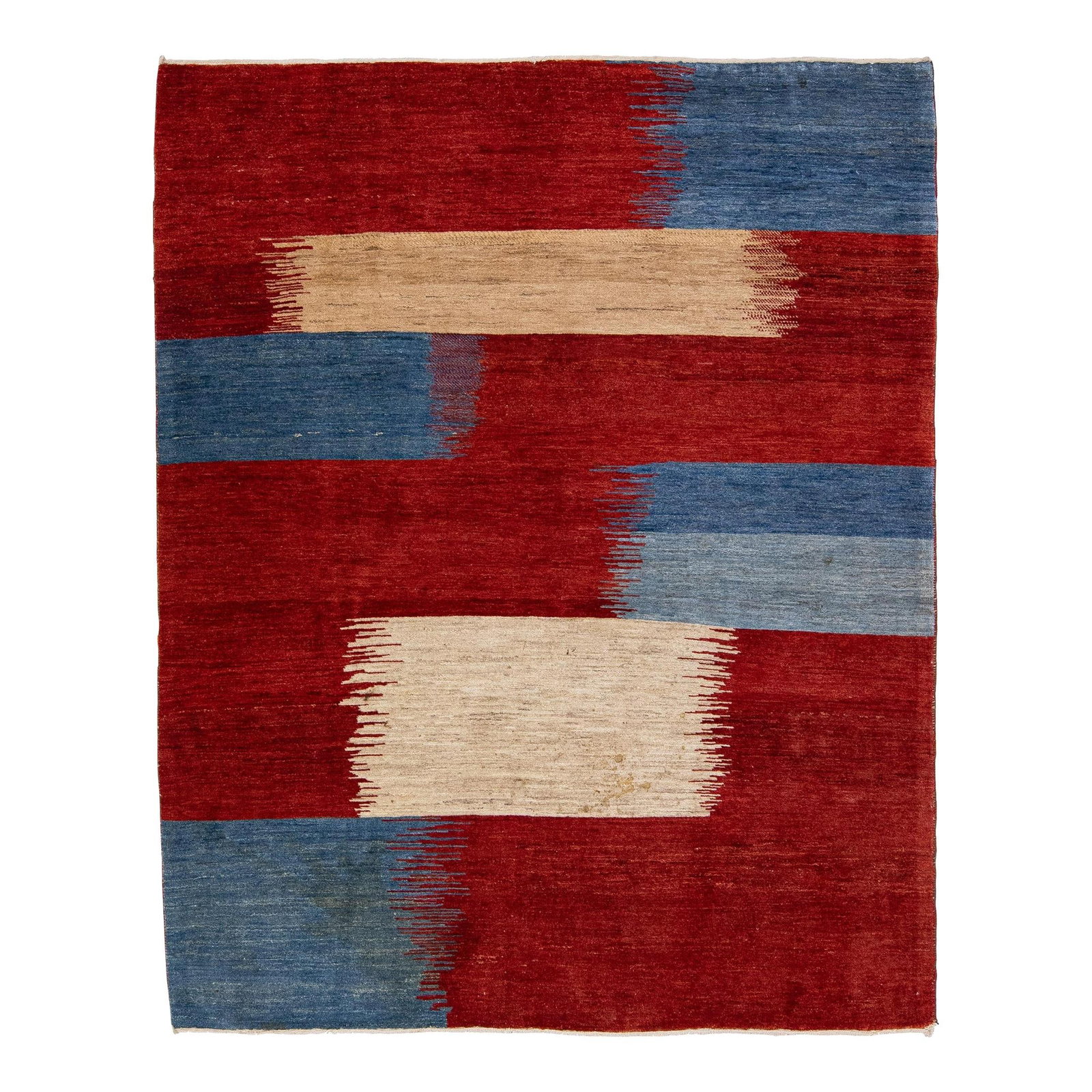Red Handmade Gabbeh Wool Rug Abstract Design 5'2 x 6': Red Handmade Gabbeh Wool Rug Abstract Design 5'2 x 6' Enhance your space with this stunning modern Gabbeh-style hand-woven wool rug, featuring a vibrant red color field complemented by striking blue a