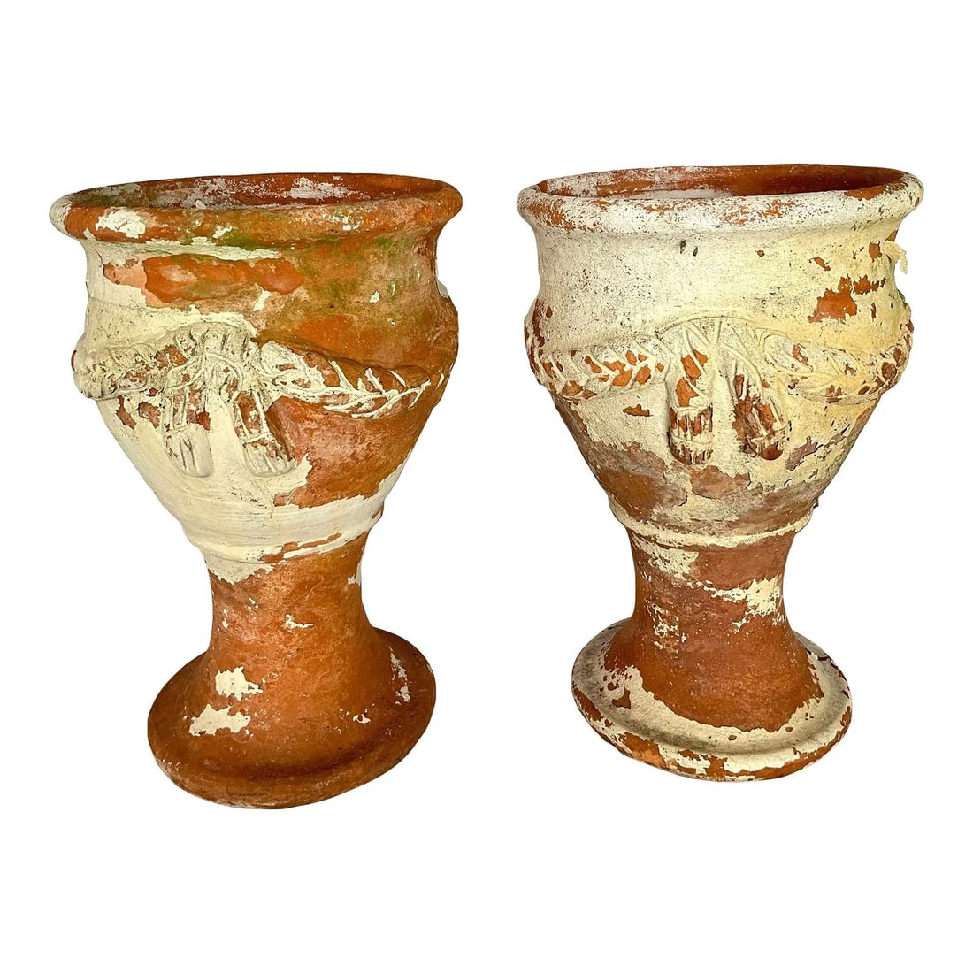 Antique French Terracotta Garden Planters Pair 1920s Distressed: Antique French Terracotta Garden Planters Pair 1920s Distressed Enhance your outdoor space with this stunning pair of French antique tall garden terracotta planters, dating back to 1920. Likely origin