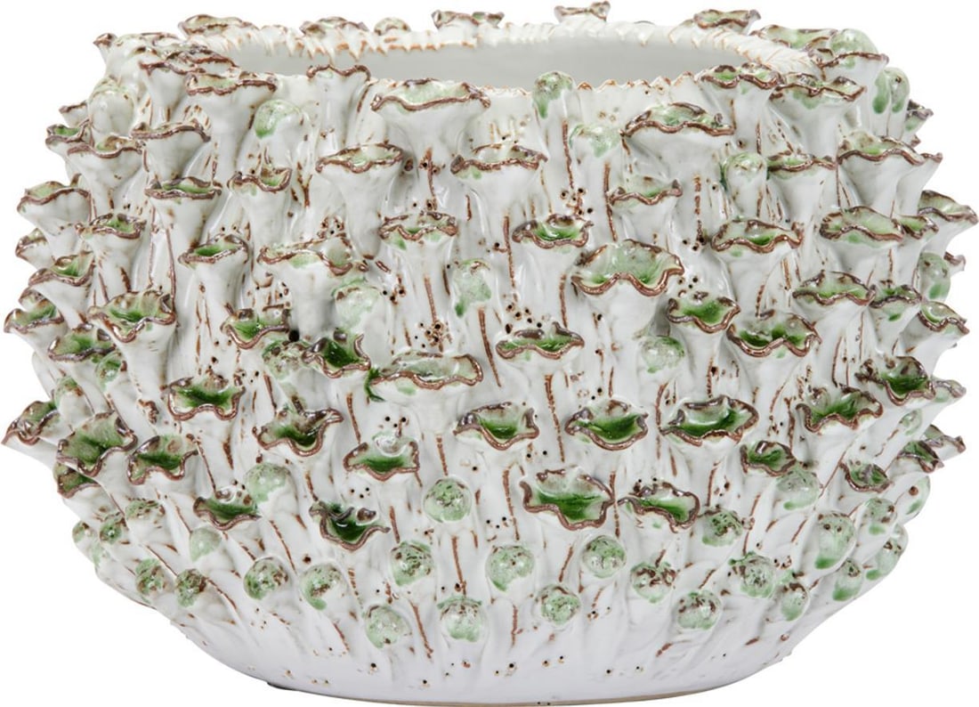 Handmade Green Ceramic Oyster Mushroom Vase 6.5H x 9W x 9D: Handmade Green Ceramic Oyster Mushroom Vase 6.5H x 9W x 9D This exquisite Nature-Inspired Handmade Ceramic Vase features a stunning green finish, making it a perfect centerpiece for any home decor. Cr