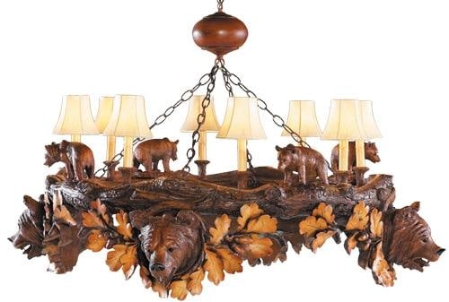 Rustic 8-Light Bear Lodge Chandelier Resin Hand-Cast Design: Rustic 8-Light Bear Lodge Chandelier Resin Hand-Cast Design Illuminate your space with the unique 8-Light Bear Lodge Chandelier, designed with a charming lodge style featuring intricately hand-cast an