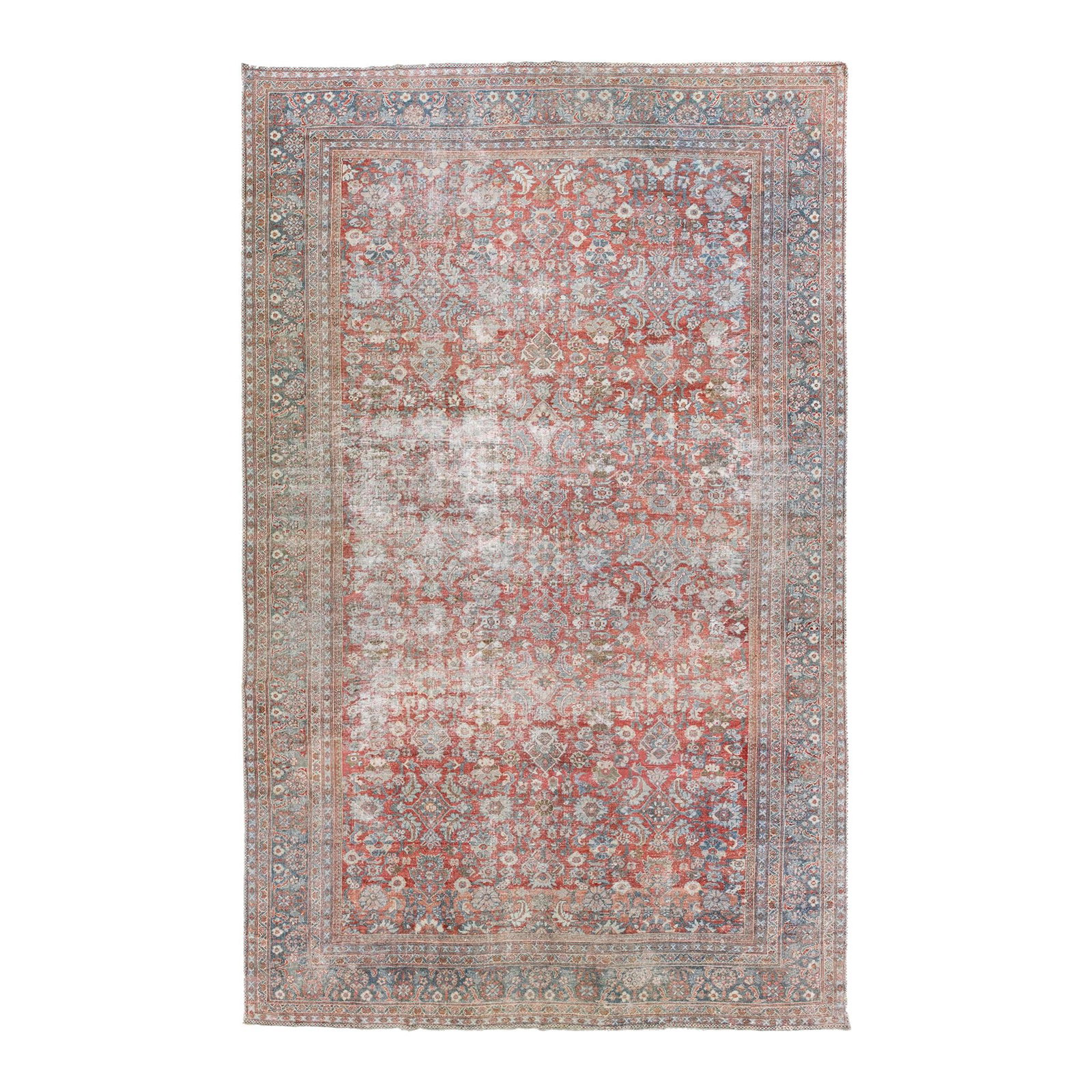 Antique Mahal Oversize Red Wool Rug with Floral Design 10'6 x 16'11: Antique Mahal Oversize Red Wool Rug with Floral Design 10'6 x 16'11 This stunning antique Mahal handmade oversize wool rug features a vibrant red field adorned with a traditional all-over floral desig