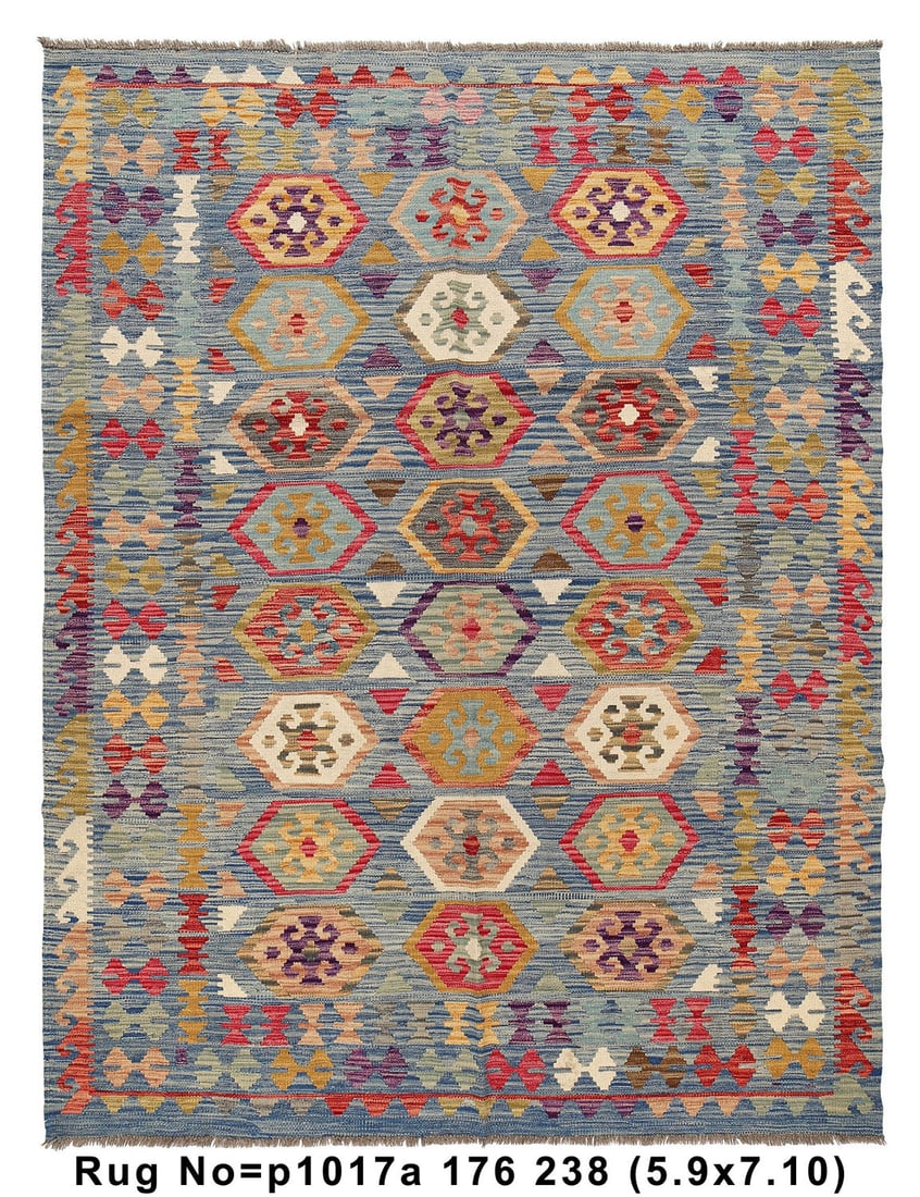 5.9 x 7.10 Handmade Kilim Wool Area Rug Blue Multi Tribal Design: 5.9 x 7.10 Handmade Kilim Wool Area Rug Blue Multi Tribal Design Free continental US Shipping Enhance your living space with the timeless elegance of this Handmade Kilim Rug, measuring 5.9 x 7.10 feet