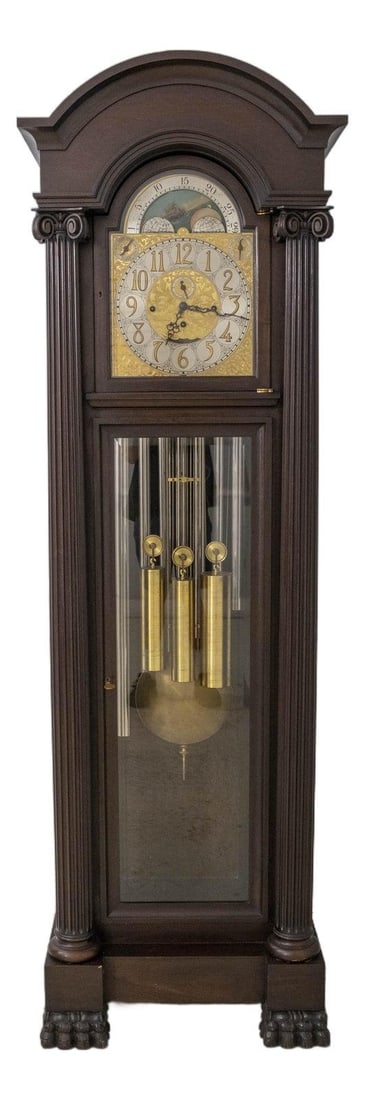 Breitinger & Sons Mahogany Grandfather Clock C.1900-1920 Multi Chime Moon Dial: Breitinger & Sons Mahogany Grandfather Clock C.1900-1920 Multi Chime Moon Dial This Breitinger & Sons Column Side Mahogany Grandfather Clock, dating from circa 1900-1920, showcases exceptional craftsm