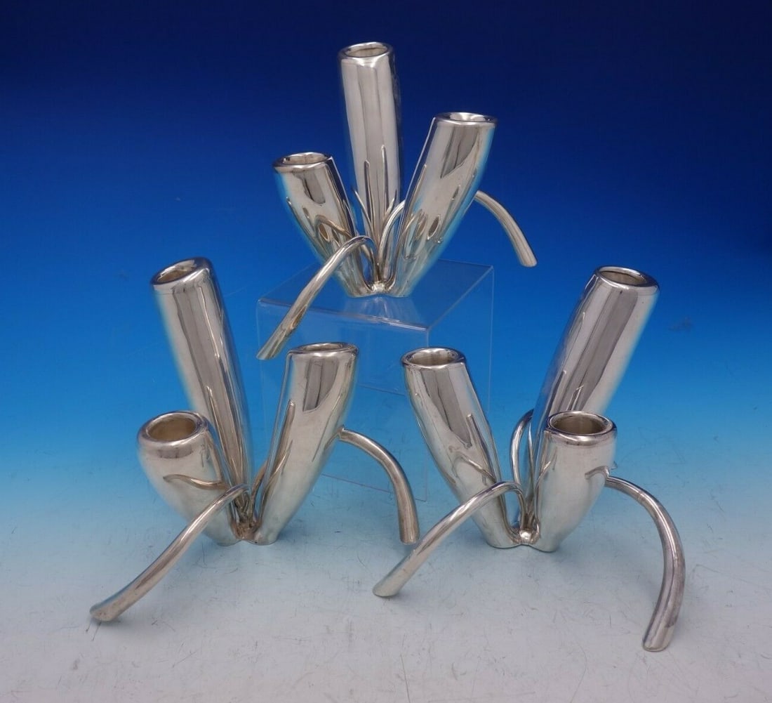 Antonio Pineda Sterling Silver Candelabra Set 3pc Vintage: Antonio Pineda Sterling Silver Candelabra Set 3pc Vintage Enhance your decor with this exquisite set of three candelabras crafted by renowned Mexican silversmith Antonio Pineda. Made of high-quality s