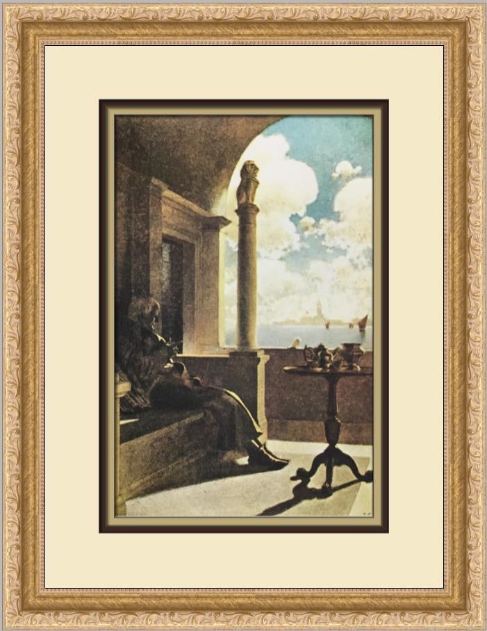 Maxfield Parrish The Turquoise Cup Custom Framed Print 1999 Art Fantasy: Maxfield Parrish The Turquoise Cup Custom Framed Print 1999 Art Fantasy Experience the enchanting artistry of Maxfield Parrish with this custom framed print titled "The Turquoise Cup." This beautiful